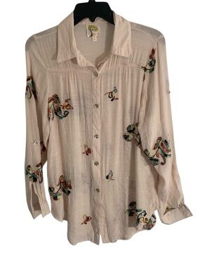 Fig and Flower Ivory Embroidered Button-Down Shirt Anthro Ladies Sz Small